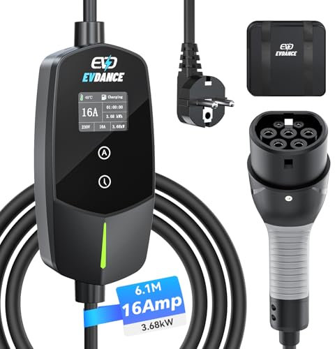 EVDANCE Typ 2 Ladekabel Schuko 3.68kW [1-phasig, 6.1m, 6-16A] Ladekabel Elektroauto mit 0-12h Zeitverzögerung Typ 2 Schuko für Elektroauto & Hybrid (PHEV/EV)