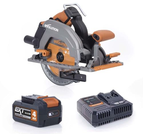 Evolution Power Tools R185CCS-Li Sierra circular sin cable y sin escobillas 18v Li-Ion Incluye hoja TCT Multi-Material Corta Madera, Metal, Plástico, Guía Incluida, Batería y Cargador Incluidos, 185mm