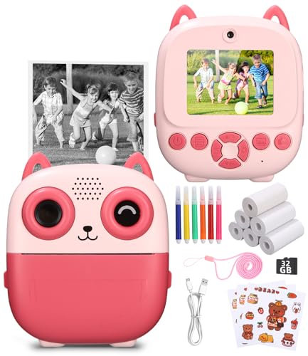 Omedelbar kamera barnkamera, barnkamera, kamera barn direkttryck, barnkamera, 2,4 tums skärm barnkamera, 32 GB kort, 6 x tryckpapper, presenter till pojkar och flickor 3–12 år