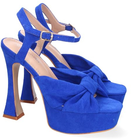 shoes&blues.es 88291 Sandalias con Tacon para Mujer, Comodos y Elegantes, Diseno Moderno con Lazo y Cierre de Hebilla, Ideales para Eventos. Azul Talla 38