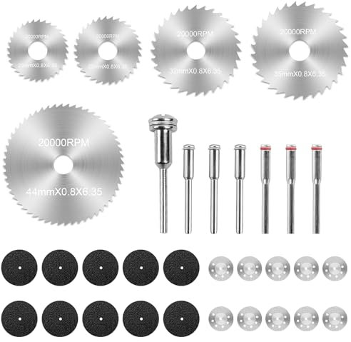 26 Piezas Discos de Corte con 6 Mandriles SC, Hoja de Corte, Disco Corte Diamante, Mini Hojas de Sierra Circular HSS para Herramientas Rotativas, Apto para Madera, Metal y Piedra