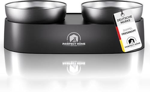Doppelnapf Set für Katzen und kleine Hunde – Erhöhte Futterstation mit 2X 500ml Edelstahl-Futternapf – 15° Neigung für ergonomisches Fressen – Spülmaschinenfest & Lebensmittelecht - rutschfest