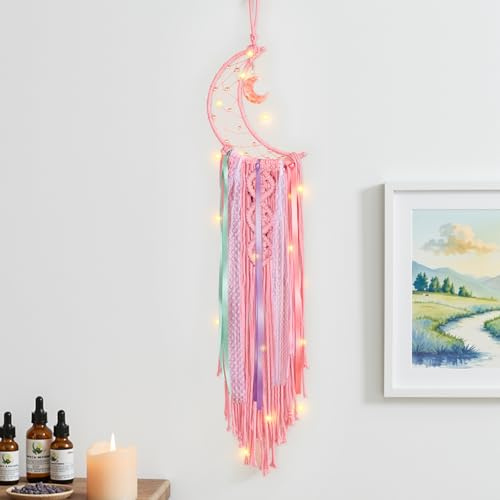 Macrame Wall Hanging with LED Light,Moon Dream Catcher Woven Tapestry Bohemian Home Decor Wedding Party Ornaments Craft Gifts Ramadan Decorations for Home(Pink)