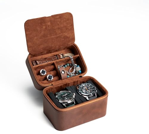 AUKURA 2 slot watch travel case organizer, hard watch travel box with insert for rings, cufflinks, bracelet,organization