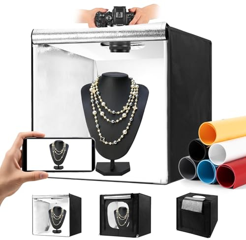 Caja de luz para fotos, portátil de 20 x 20 pulgadas, caja de luz para estudio fotográfico, kit de tienda de campaña con 243 cuentas de luz y 6 fondos de color. Caja de luz con 3 tableros de luz de