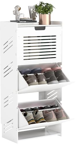 MYOYAY Shoe Storage Cabinet with 3 Flip Drawers Slim Hidden Wood Shoe Cabinet Freestanding Organizer for Narrow Entryway Hallway, Adjustable Shelf, White (42.9 x 19.5 x 11.4)