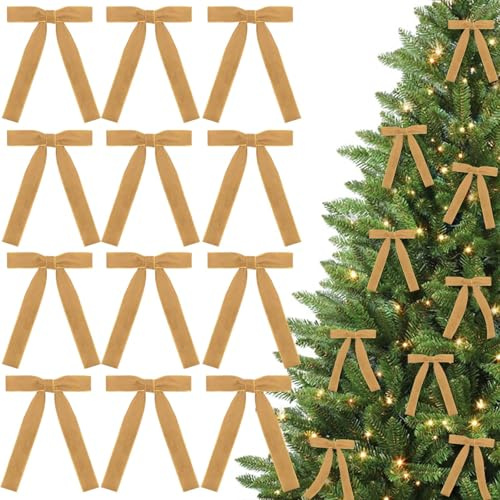 12PCS Cream Christmas Tree Bows, 5 x 7 Inch Champagne Velvet Bows, for Christmas Tree, Gift Wrapping, Wreaths, Garlands, Wedding, Party, Home Decor