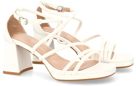 shoes&blues.es 95298 Sandalia de Tacon con Diseno de Tiras Finas y Talon Cerrado. Comodos con Plataforma, Ideal para Ocasiones Especiales. Blanco Talla 37
