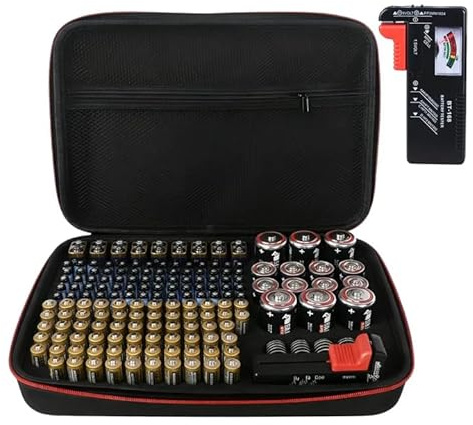 GOEDCH Batteriförvaringsbox arrangör med testare: Batterilåda med stor kapacitet rymmer 158 batterier olika storlekar och 30 knappbatterier, batterilåda för 2 A, 3 A, C, D, 9 V