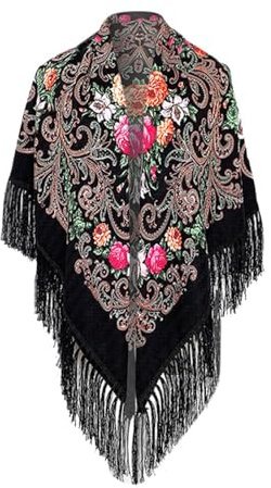 Nlaayong Trachtentuch Damen– Retro Ethno Schal mit Fransen, als Poncho tragbar, inkl Seideneinstecktuch