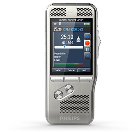 Philips DPM8000 Digital Voice Recorder, Slide Switch Operation, 3D Microphone for Stereo Sound Recording, Colour Display, Stainless Steel Housing, Includes Voice Recorder Software SpeechExec Pro 10