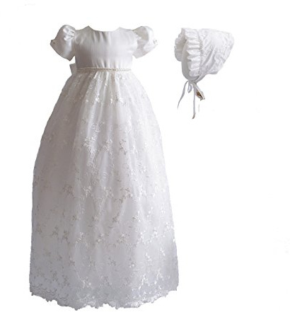 Cinda Vestido de Bautizo Largo de Encaje de bebé con bonete Marfil 3-6 Meses