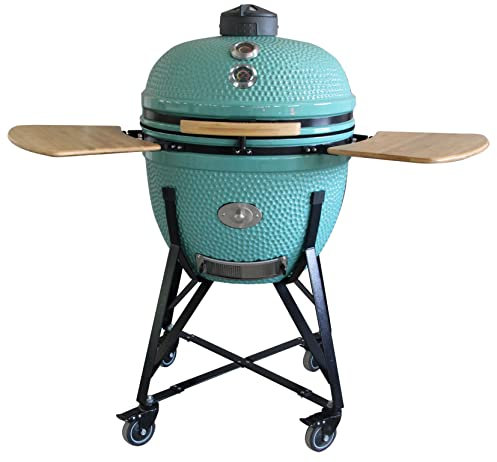 YNNI KAMADO TQ0C25CY Parrilla a medida XL de 25 pulgadas con carro y mesas de bambú, cian con alimentador de virutas, barbacoa, cerámica, huevo, ahumador, TQ0C25CY