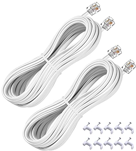 YIENFBEV 15FT Telephone Extension Cord Cable, Landline Phone Line Wire with RJ11 6P4C Plugs, Includes Cable Clips - White - 2 Pack