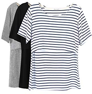Smallshow kvinnors sjuksköterska toppar kortärmade skikt design amning skjortor,Black/Grey/White Stripe,S