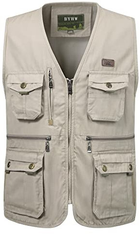 KTWOLEN Herren Weste Ärmellos Anglerweste Funktionsweste Fotografie Jagdweste Arbeitsweste mit Vielen Taschen, Beige, XL