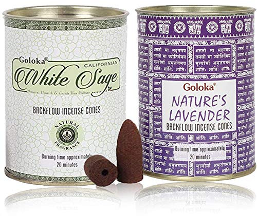 GOLOKA Rückfluss-Räucherkegel – Packung mit 2 Stück inkl. 48 Kegeln (weißer Salbei & Natur-Lavendel)