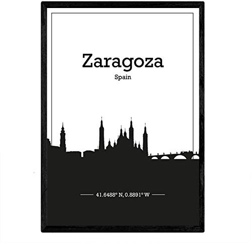 Nacnic Poster Mappa di Saragozza - Spagna. Fogli Skyline con Le Città in Europa con Ombra Nera. Formato A4