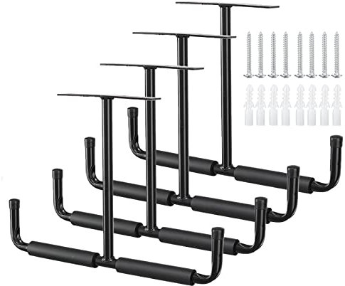 Wandhaken, Garage Deckenhaken Doppelt Leiter Haken Schwerlast Storage Hanger Organizer für Kajaks Fahrrad Klappstühle Montagehaken-Set mit Polsterung EVA für Schutz, Tragkraft 80 kg /Schwarz, 4 Stück