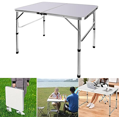 Rigogo 90cm Faltbarer Campingtisch, tragbarer Faltbarer Picknicktisch mit stabilen Aluminiumbeinen und Tragegriff, leicht für den Innen-Außenbereich, 2 Höhenniveau 67/37cm, 90x60x67cm, weiß