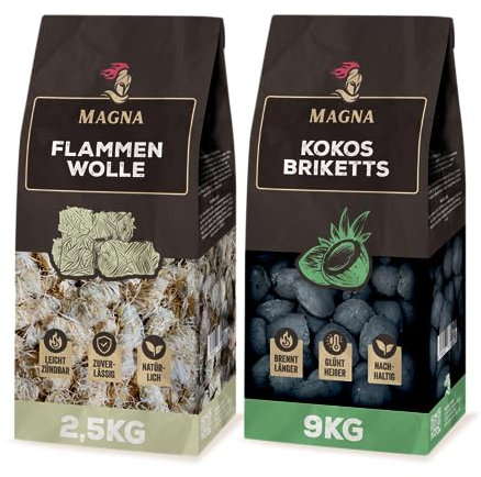 Magna Premium Set - Kokosbriketts, Flammenwolle - Grillbriketts, Grillketts, Kokoskohle, Cocosbriketts, Briketts, Kaminanzünder, Anzünder, Holzkohleanzünder, Grillanzünder