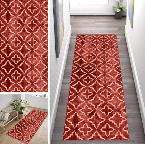 ZUZEKU Abstrakte Rot Läufer Flur Küche Waschbar rutschfest 80X200cm Vintage Lang Küchenteppich Flurteppich Teppich Fur Korridor Wohnzimmer Schlafzimmer Meterware Anpassbar