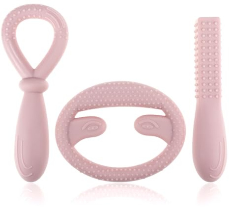 Sensory - Herramientas para masticar de silicona para TDAH, dentición y autismo, paquete de 3 unidades, para masticar uñas (rosa claro)
