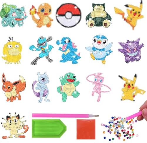 MUSEDAY 16 Pièces Diamond Painting Enfant Kit Peinture Diamant pour Enfants Autocollants Peinture Diamant pour Enfants Avec Personnages Dessins Animés Avec Sac Diamant, Sac à Outils