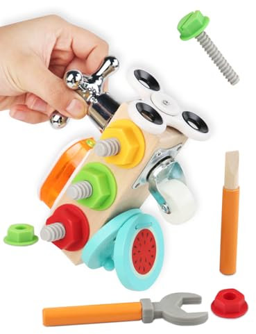 Fullware Motorikwürfel 7 Teile in 1 Montessori Holz Motorikspielzeug ab 3 4 5 6 Jahre, Beschäftigung Autofahrt Flugzeug Kinder Fidget Cube, Busy Board, Anti Stress Würfel, Knobelspiele (Werkzeuge)