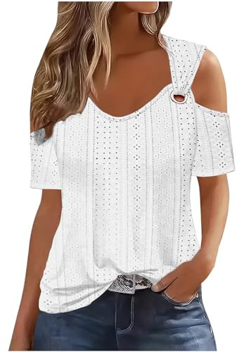 Tops for Women Sexy Cold Shoulder Party Top Summer V Neck Hollow Out Eyelet T Shirts Loose Plain Short Sleeve Tunic Going Out Blouses Vacation Beach Ladies Tee Shirt Tops