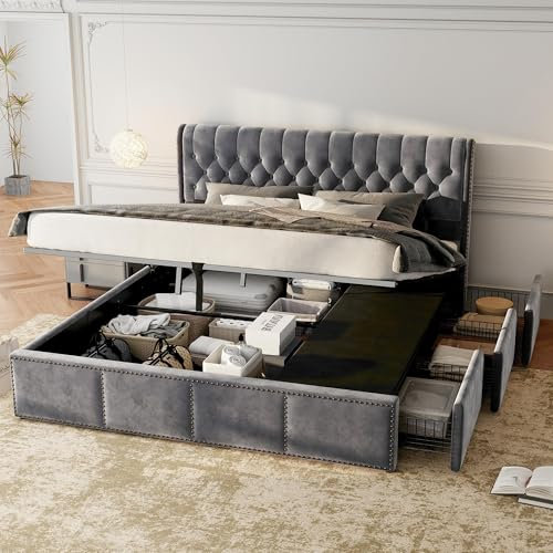 Aoskem Polsterbett Doppelbett 160x200 mit Stauraum, Bett mit 3 Schubladen & Kopfteil, Hydraulisch Stauraumbett Jugendbett Flachbett Funktionsbett Bettgestell mit Lattenrost Ohne Matratze, Samt Grau