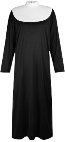 Aomig Adulto Uomo Suora Costume, Suora Costume per Adulti, 4PZ Vestito da Suora per uomo, Cappello, Cintura, Croce, Costume prete, Sorella Convento, Costumi in Maschera, Halloween, Carnevale