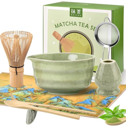 Matcha Kit 8 pièces, Kit Matcha Complet Fouet Matcha, Bol Matcha Bec Verseur, Cuillere Matcha, Support de Fouet à Matcha, Tamis à Matcha, Coffret Cadeau pour les Amateurs Matcha (A)