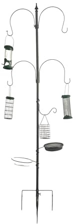 Relaxdays Vogelfutterstation, 6-in-1, Erdspieß, Wasser- & Futterschale, Korb, Körnerspender, Stahl, Futtersäule, grau