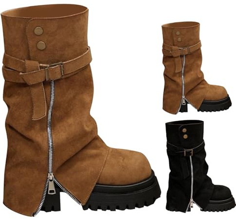 Bottines à plateforme pour femme - Talon bloc - Bottes d'équitation pour femme - Bottes sauteuses larges avec boucle - Bout rond - Bottines basses - Bottes fold over requin antidérapantes, Noir , 36
