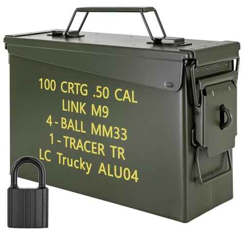 Trucky Scatola per munizioni con lucchetto, 28 x 10 x 18 cm, in metallo, con coperchio, in metallo, colore: verde militare