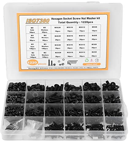 Kit di viti, dadi e rondelle da 1220 pezzi, set di viti, dadi e rondelle a testa esagonale in acciaio al carbonio con viti a testa semicircolare M2, M3, M4, M5 per riparazioni