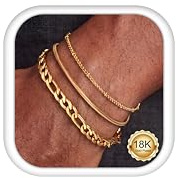 Morfetto 3-delar Herrarmband Silverarmband för Män Vattentätt 18K Guldpläterat Icke-missfärgande Robust Länk Låda Kedja Herringbone Figaro Rostfritt Stål Armbandsset Herrtillbehör Presenter, 7.7inch