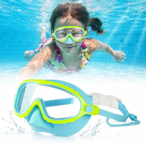 Kids Swimming Goggles with Nose Cover, HD Wide View Anti-Fog UV Protection Swim Goggles, No Leak Adjustable Clip on Swim Mask for Boys Girls Youth 4-16