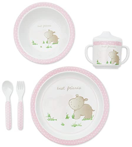 Bieco Baby Geschirrset mit Tiermotiv | 5-teiliges Baby Geschirr | Kindergeschirr aus Melamin | Geschirr Baby für Kleinkinder | Baby Essen Set | Babygeschirr Set | rosa