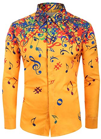 LuckyGirls Nouveauté Hommes Casual Motif Note De Musique Motif Imprimée Casual Manches Longues Chemise Top Blouse boutonnées Hawaïenne Noir Bleu Blanc Jaune