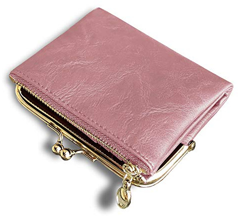 AOXONEL Womens Wallet Small RFID Ladies Compact Bifold Leather Vintage Coin Purse with Zipper and Kiss Lock - Pink - S