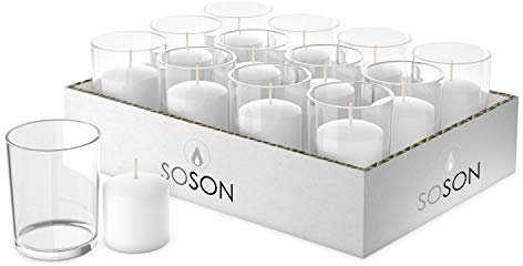 Simply Soson Votive Candles Bulk, 24 White Votive Candles with Glass, 10 Hours Burn time, Small Candles, Bulk Candle, Unscented Candle Votives for Wedding, Birthday, Holiday & Home Decor
