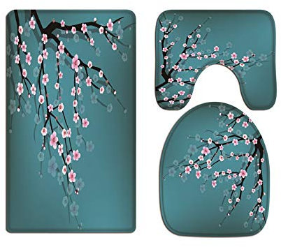 A.Monamour Badezimmer Badematte 3 Teilig Set Rosa Kirschblüten Blumiger Blauer Hintergrund Flanell WC Toilette Deckel Deckt Bad Matte Teppich Badteppiche Badvorleger Badgarnitur Vorleger