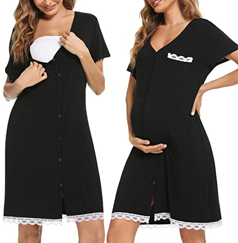 Uniexcosm Maternity Nursing Nightdress, Women's Short Sleeve Nightwear | Women's Short Sleeve Nightwear Soft Button Down Nightgown Stripe Sleepwear Maternity Pyjamas Nightshirt