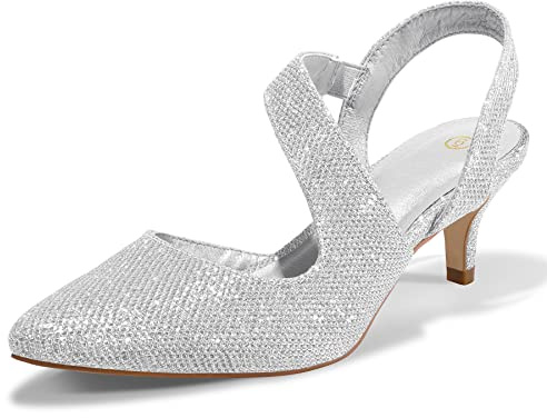mysoft Women's Dress Shoes Low Heels 2 inch Kitten Pumps Slingback Wedding Party Medium/Wide Width Shoes Silver