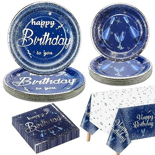 Décorations de fête d'anniversaire bleu marine et argent pour 20 invités, le set de vaisselle bleu marine comprend des assiettes en carton bleues, une nappe Happy Birthday, des serviettes pour hommes