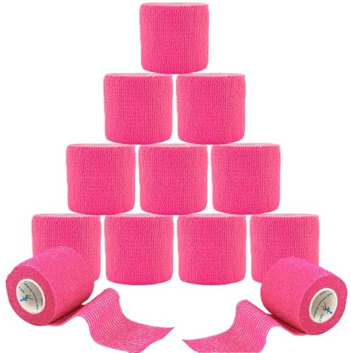 ANAMPION Bandage Autoadhésif, 5cm x 4.5m Bande Cohesive pour Les Humains Et Les Animaux, Bande Strapping Adhésif pour Gonflement Des Chevilles, Sports, Animaux(Couleur rose vif, 12 Rouleaux)