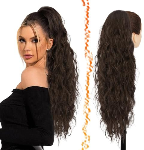 BARSDAR Cordon Marron Queue de Cheval Extension, 66cm Longue Bouclé Ondulées Cordon Queue de Cheval Extension de Cheveux pour Femme, Synthétique Clip en Queue de Cheval Postiche, Brun