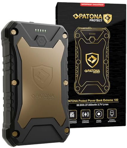 PATONA Protect Powerbank Extreme 100 mit 27.000mAh, Externer Akku PD 65W Schnellladung, Powerstation mit Wasserdichtem IP66-Gehäuse, Kabellose Ladefunktion